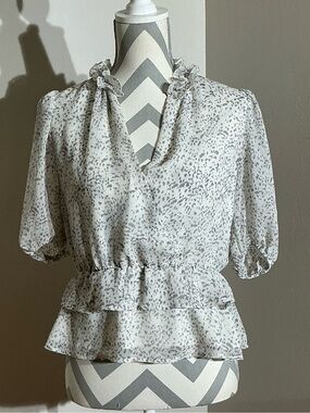 Express White and Light Gray Printed Ruffle V Neck Blouse